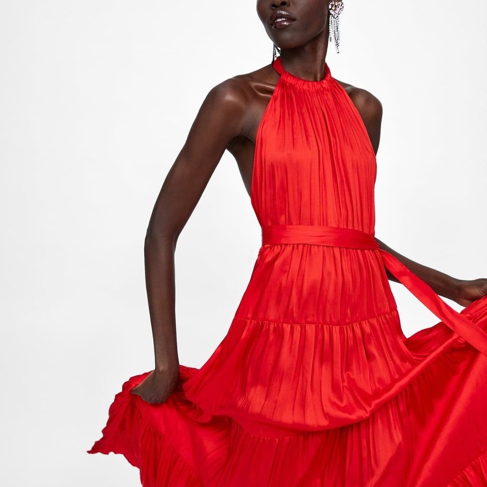 Zara Red Halter Maxi Dress with Sash